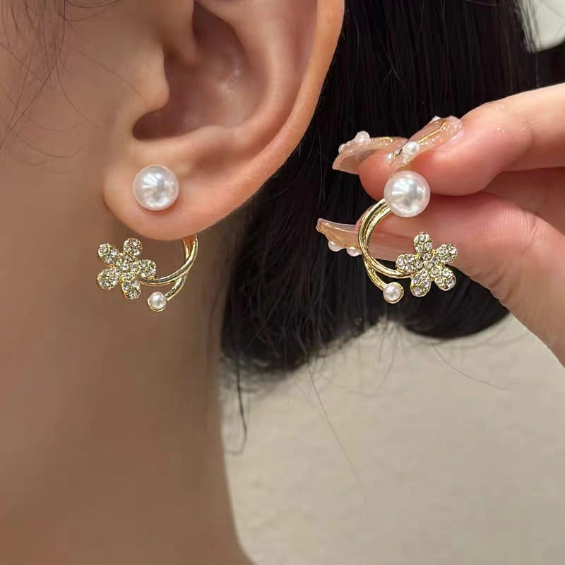 Gold Floral Pearl Crystal Stud Earrings - Each