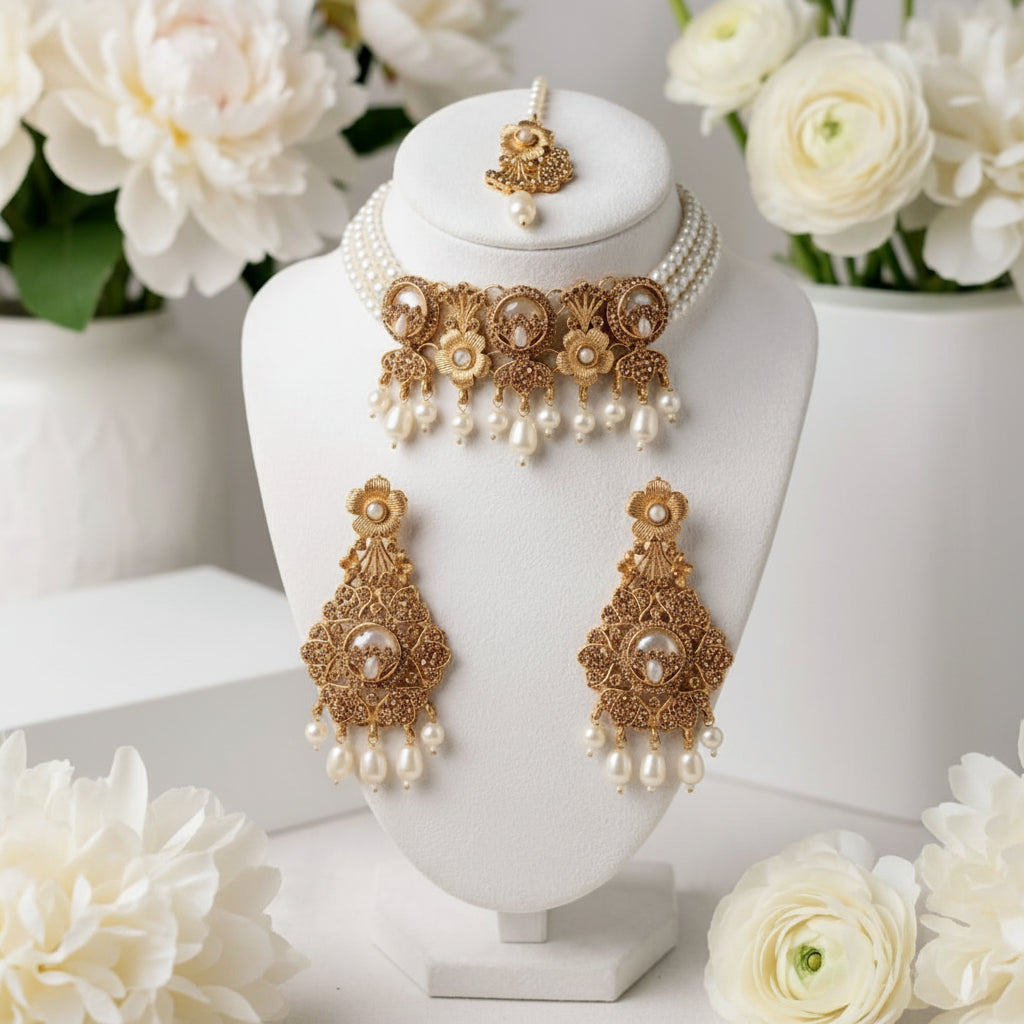 Gold-Tone Pearl Bridal Necklace Set