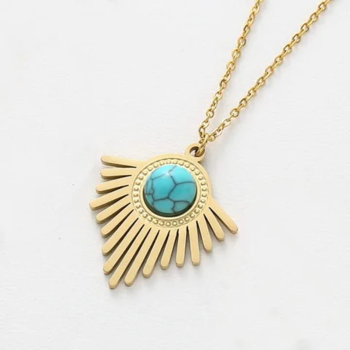 Gold Sunburst Turquoise Pendant Necklace