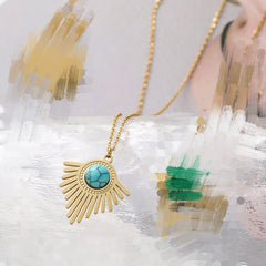 Gold Sunburst Turquoise Pendant Necklace