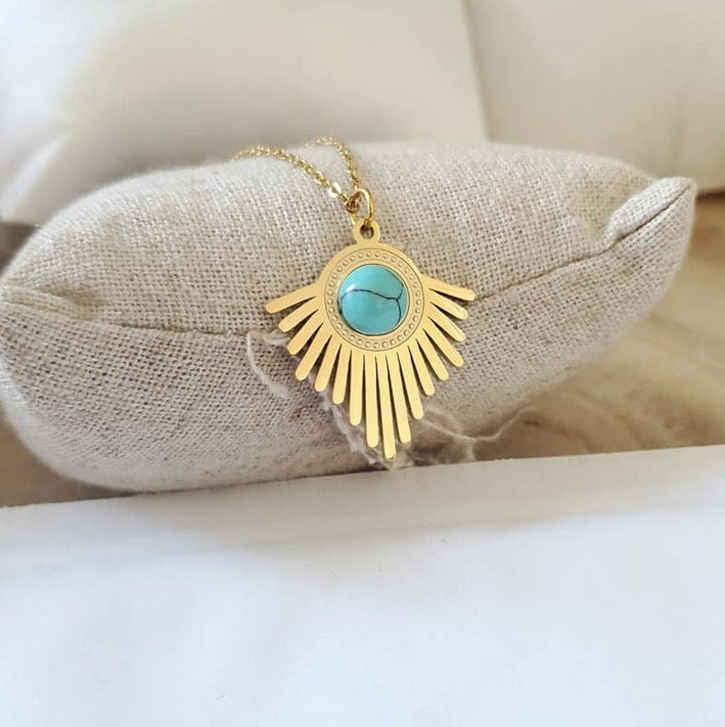 Gold Sunburst Turquoise Pendant Necklace