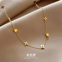 Stainless Steel Small Square Leaf Clover Pendant Necklace