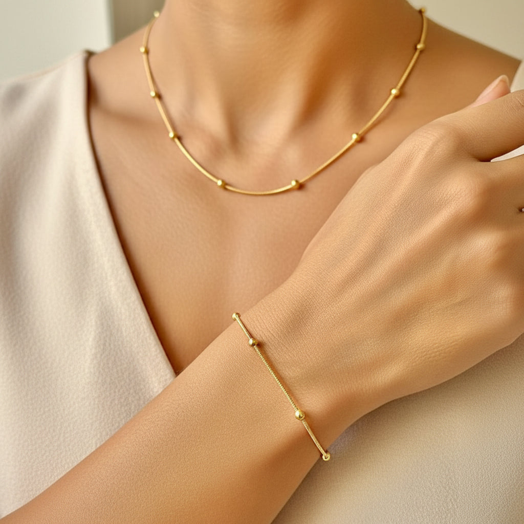 Stainless Steel Gold-Tone Beaded Chain Necklace & Bracelet Set