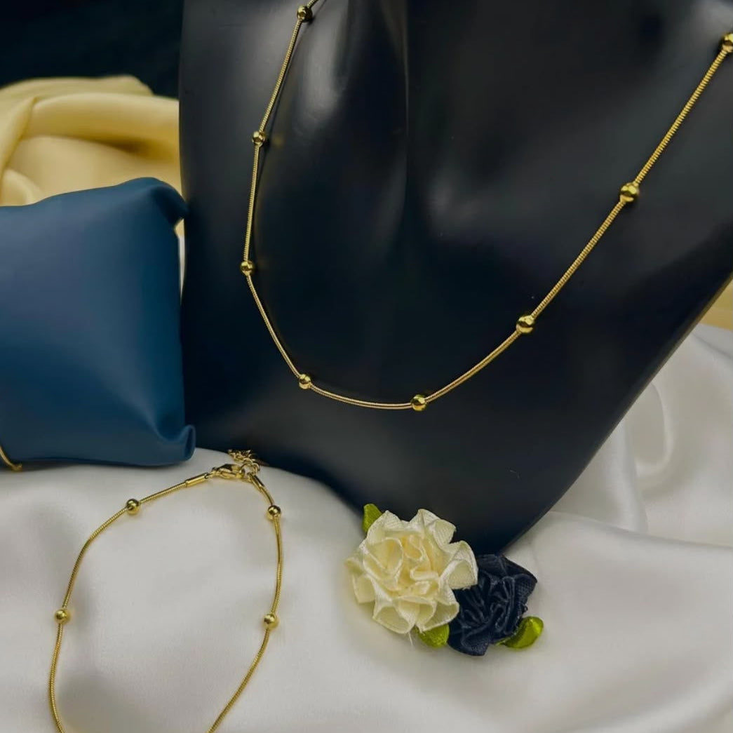 Stainless Steel Gold-Tone Beaded Chain Necklace & Bracelet Set