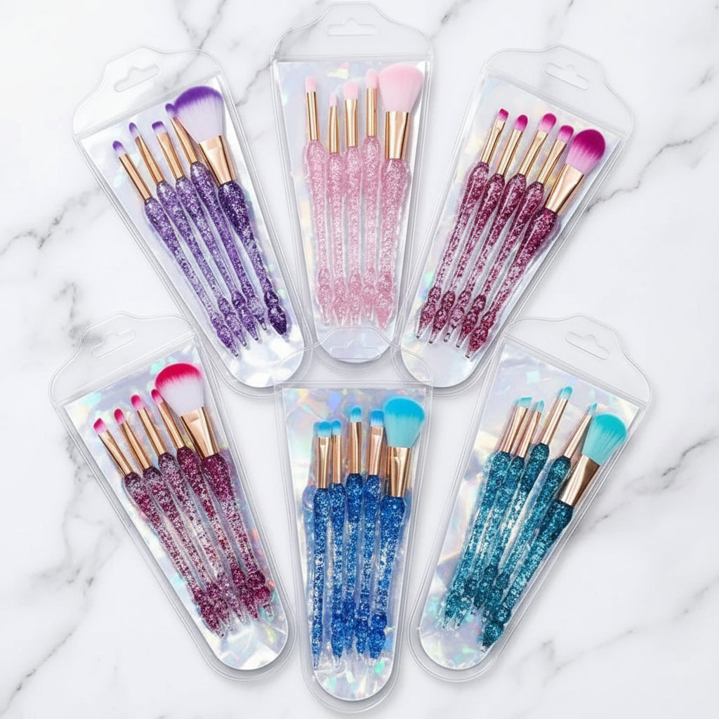 Glitter Mermaid Tail Handle Makeup Brush Set - 5pcs Each