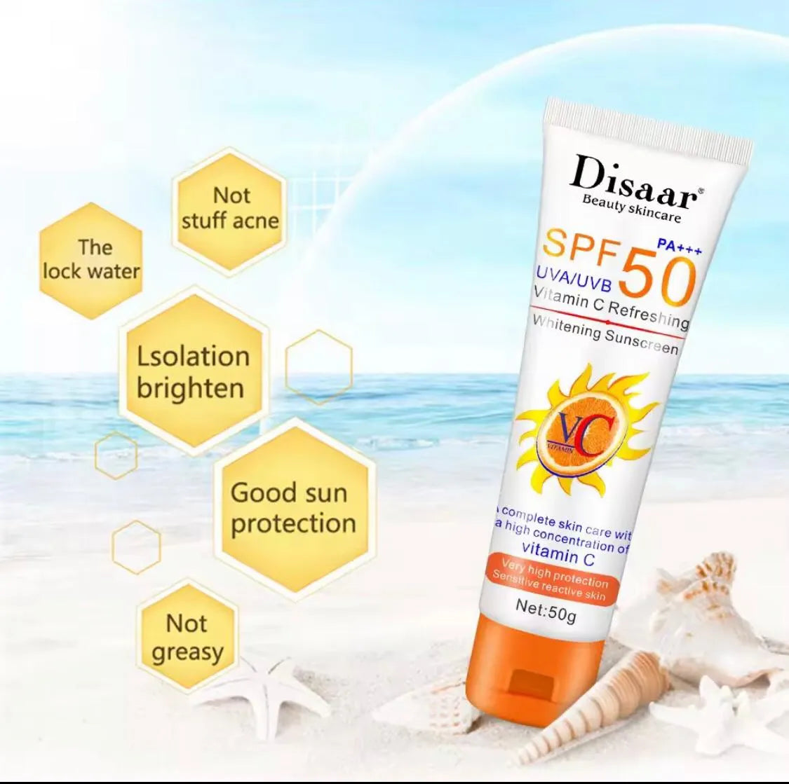 Disaar Sunscreen SPF50 PA+++ UVA/UVB Vitamin C Refreshing Protection Sensitive Skin – 50g