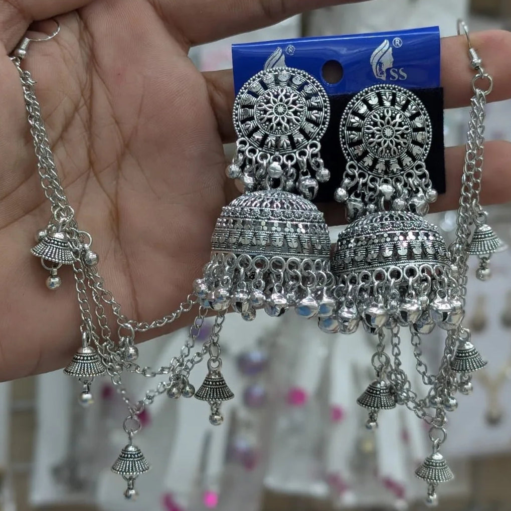 Oxidized Silver Bahubali Jhumkas with Sahara Ear Chains
