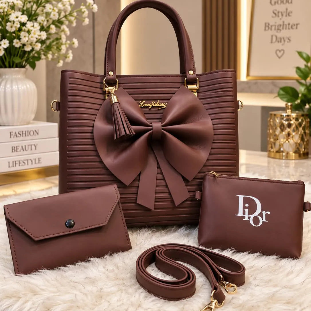 Ribbed Bow Handbag - 4 Piece Set