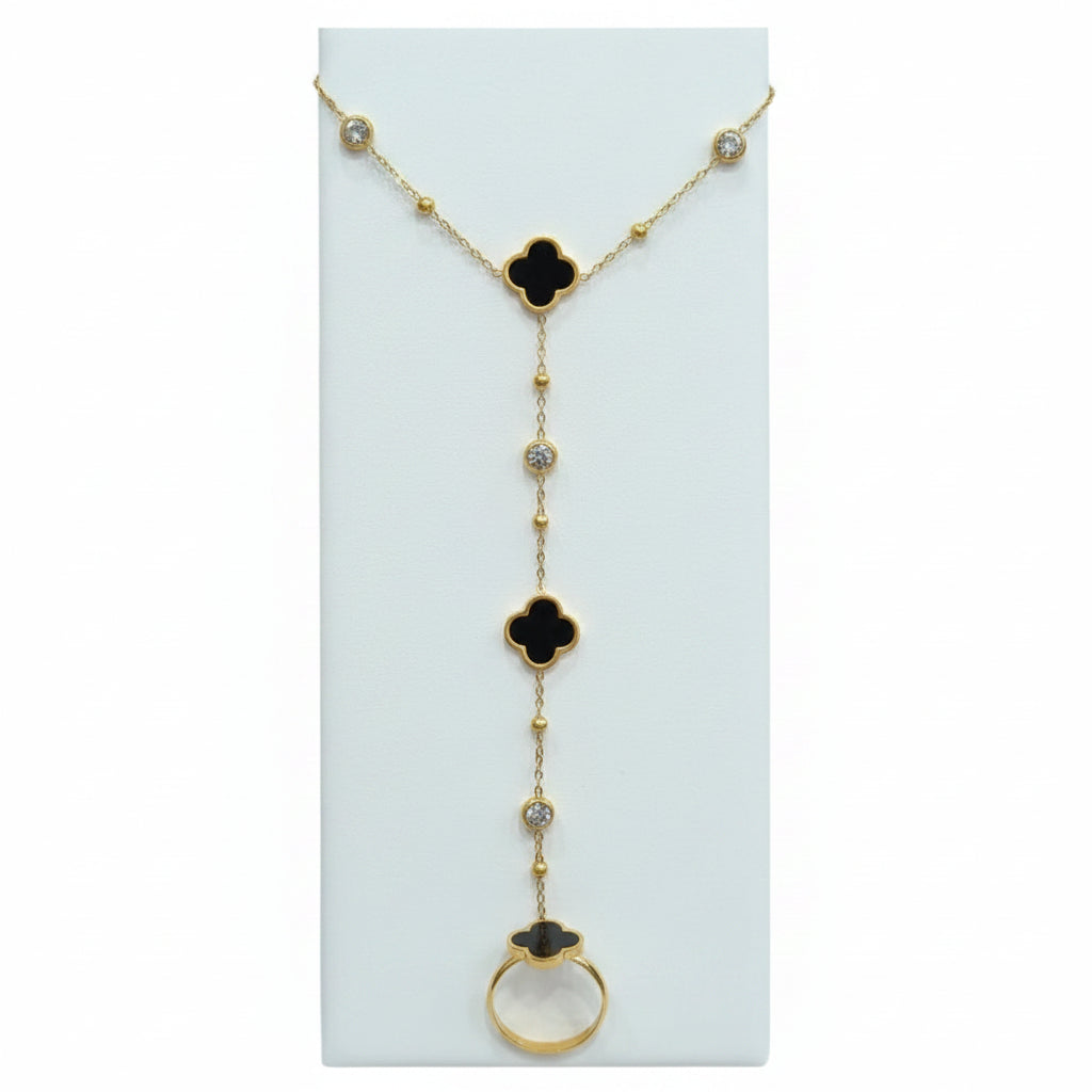 Gold Plated Four Leaf Clover Finger Bracelet with Ring