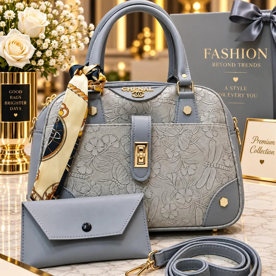 CHENAL Womens Embossed Floral Handbag - 3 Piece Set