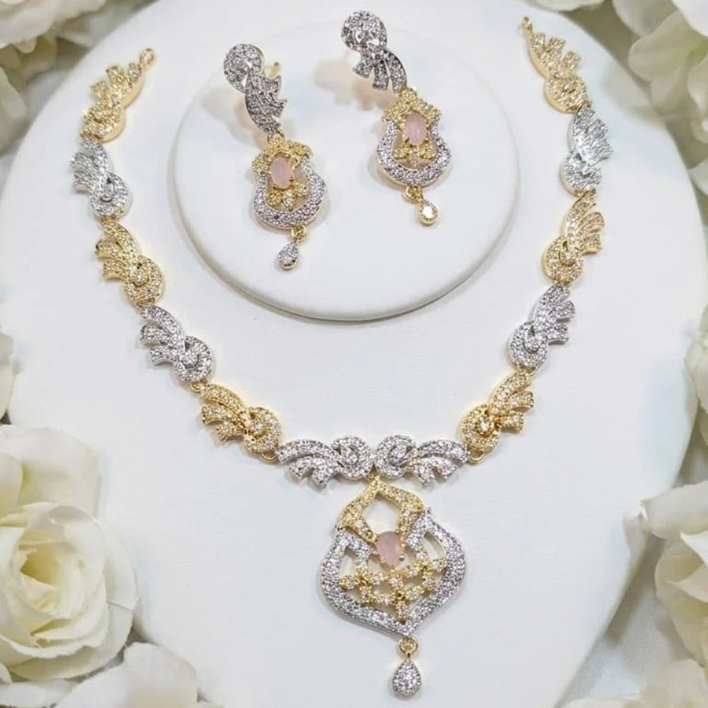 Two-Tone Artificial Zircon Necklace and Earring Set