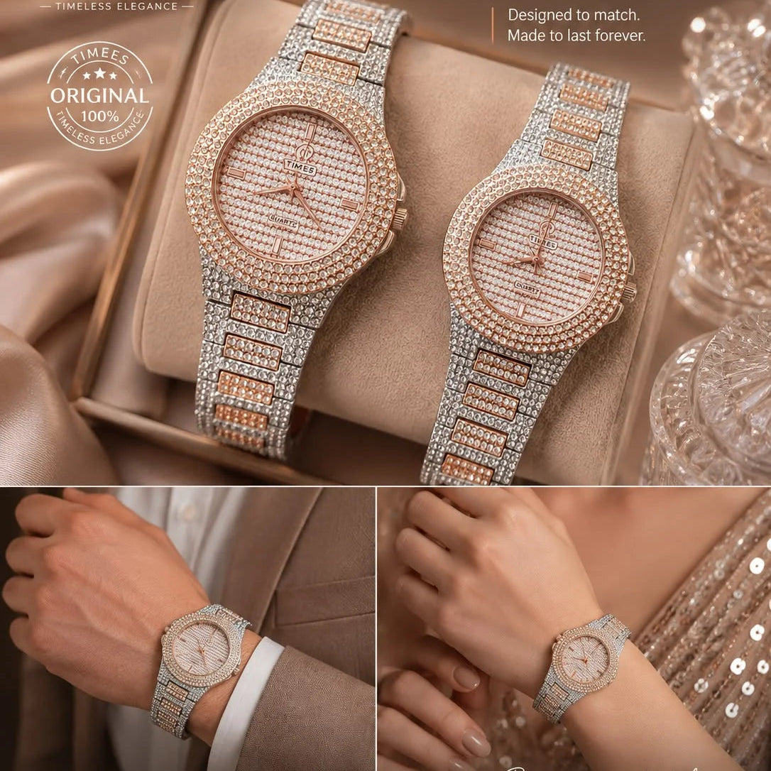 Timees Diamond Rhinestone Stainless Steel Couple Watch