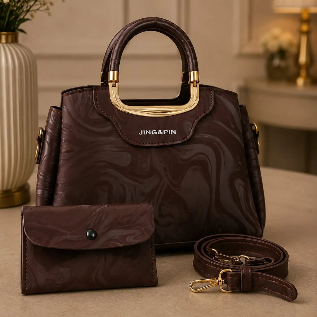 JING&PIN Women's Marble Pattern Handbag & Wallet Set