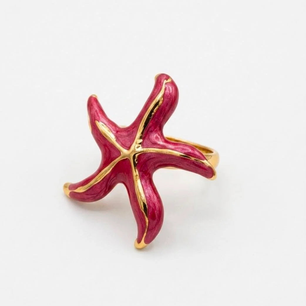 Gold Plated Enamel Starfish Adjustable Ring
