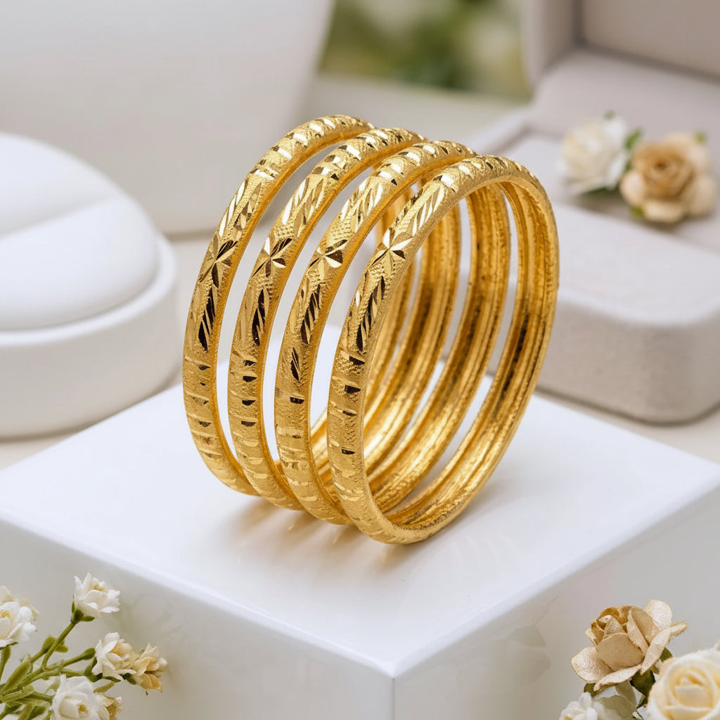 Stainless Steel star-shaped diamond-cut patterns Bangles - Each Pair