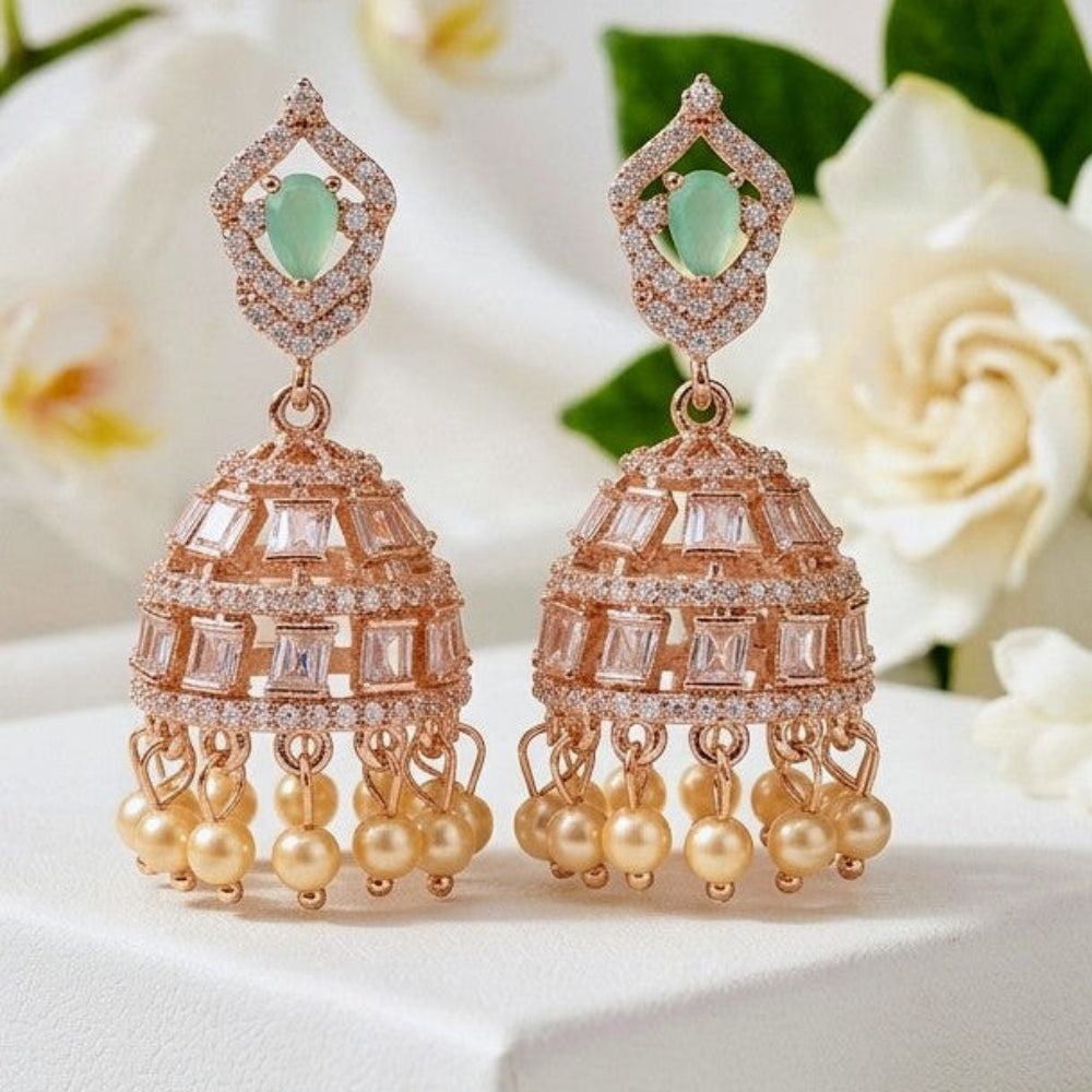 Elegant Gold-Plated Jhumka Earrings with White Zircon & Pearl Drops