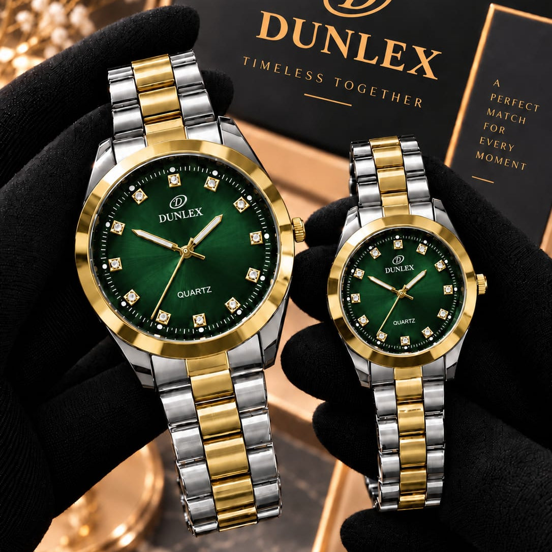 DUNLEX Luxury Couple Watch Pair Set – Brass Case, Steel Chain, Colorful Nugina Dial & Push-Button Lock