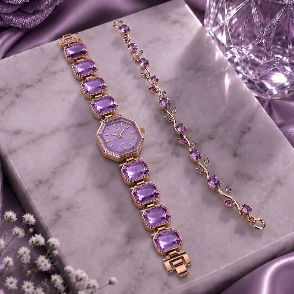 Octagon-Cut Bracelet Watch Plus Trending Tulip Hand Bracelets For Her - With Box