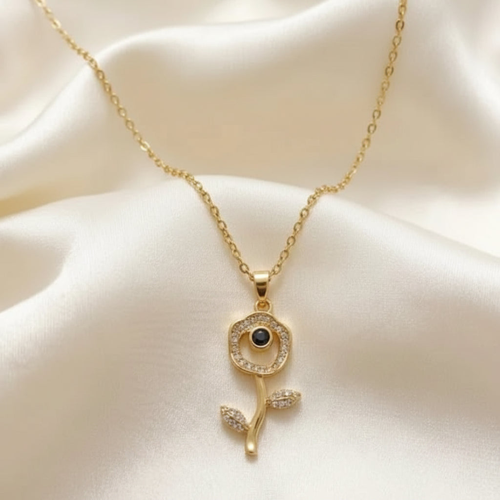 Gold Plated Rose Flower Pendant Necklace with Black Gemstone - Each