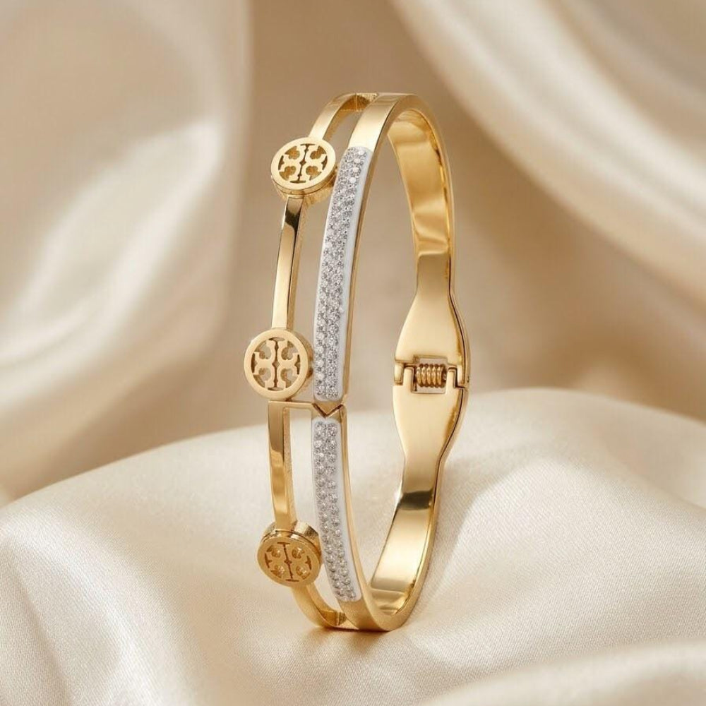 Double-Band Gold-Plated Hinge Bangle with Crystal Accents & Circular Charms - Each