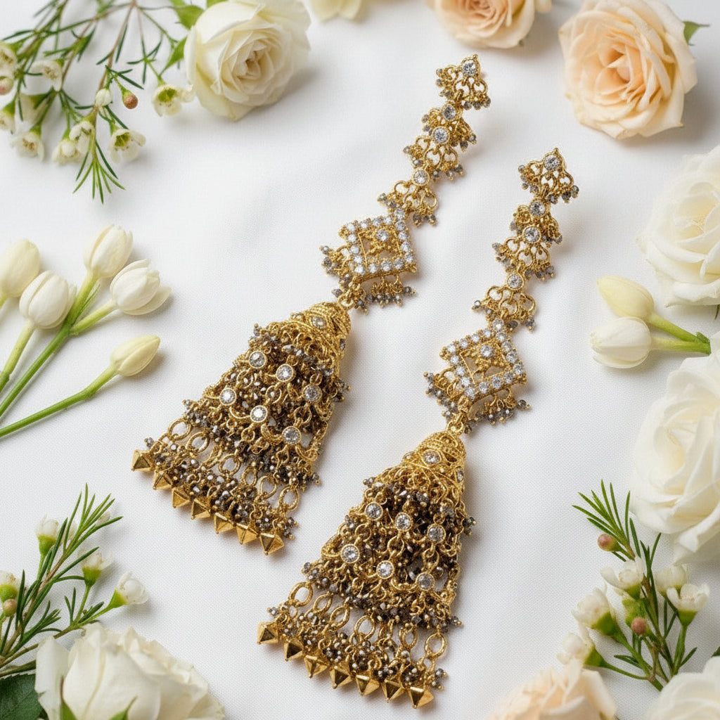 Indian Madrasi Long Jhumki with Pearl Work