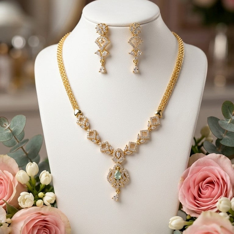 Silver-Toned Necklace Set with Gemstone Drop & Dangling Earrings