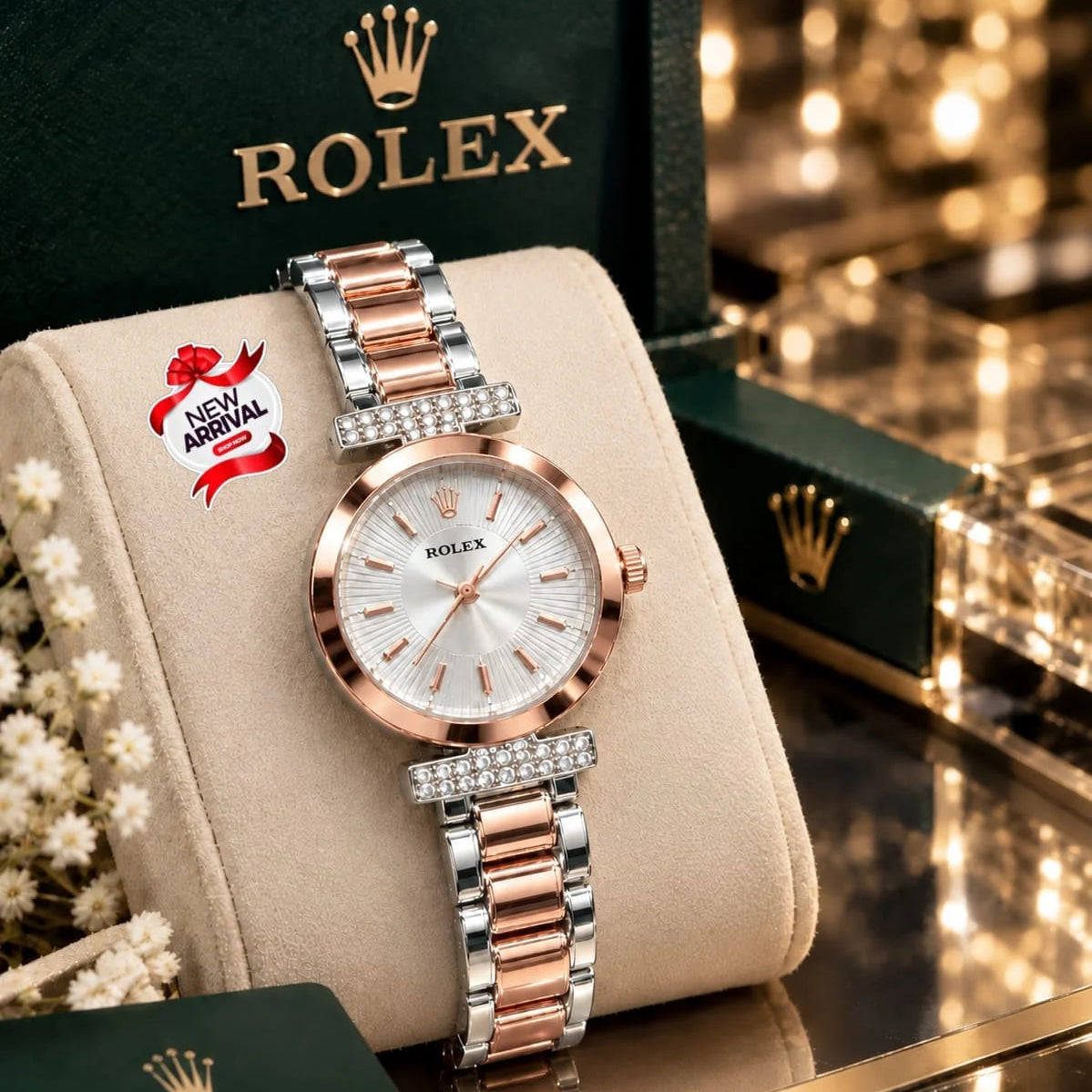 Rolex Diamond Rhinestone Stainless Steel Women Quartz Watch