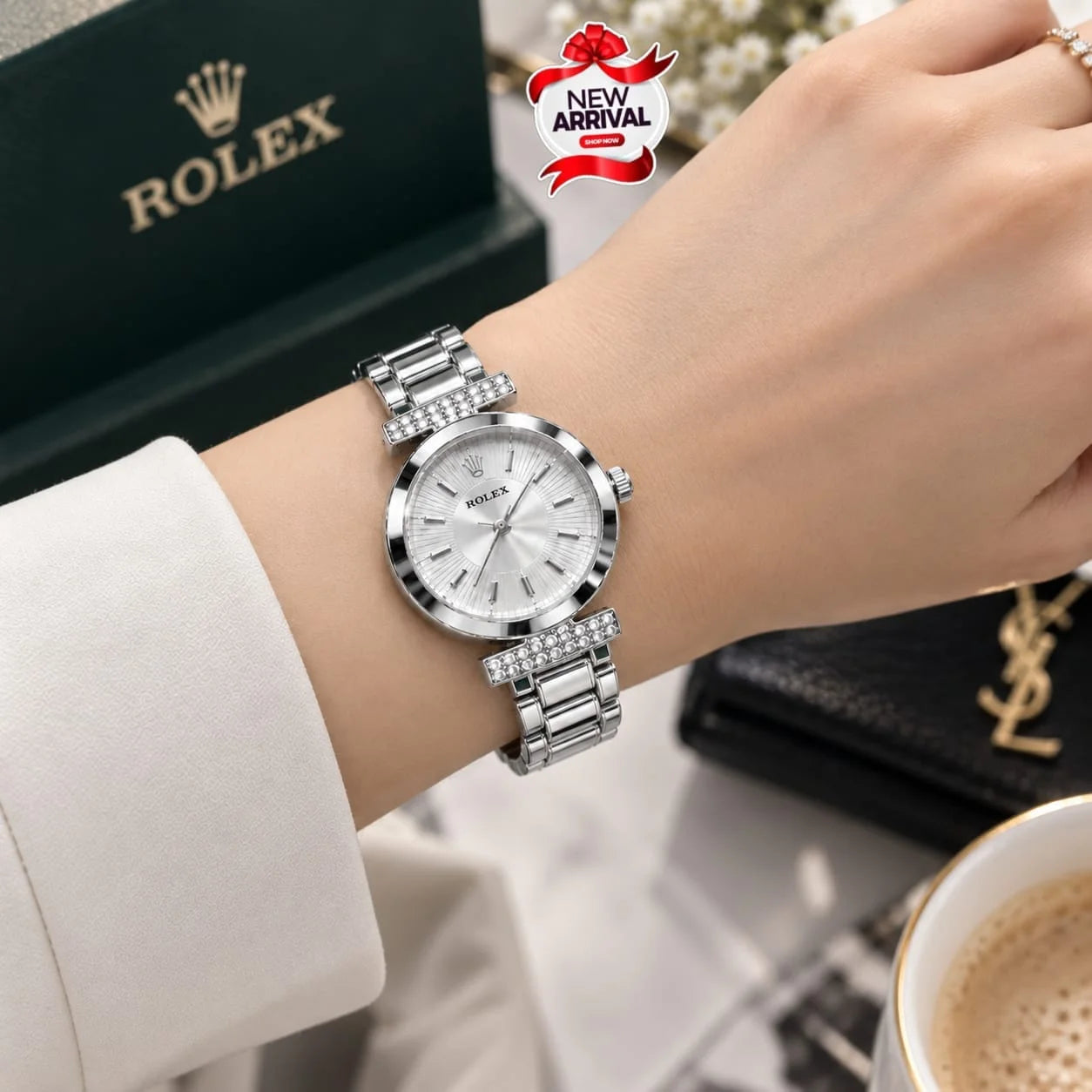 Rolex Diamond Rhinestone Stainless Steel Women Quartz Watch