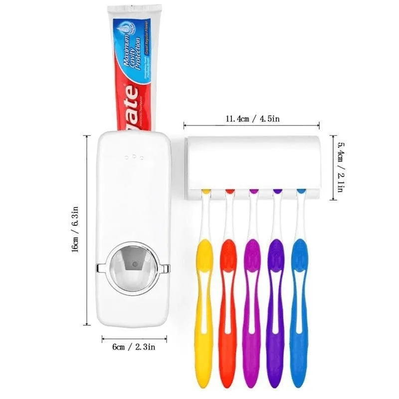 Toothpaste Dispenser + Five Toothbrush Holder Wall Mount Stand Bathtub Gear