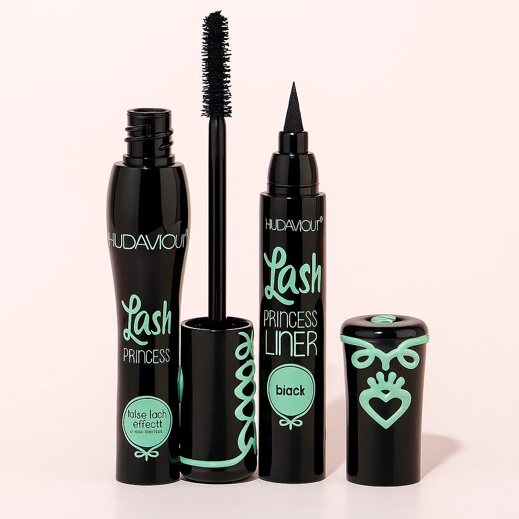 2 in 1 HudaMoji Princess False lash effect Mascara (green case) Black Liner