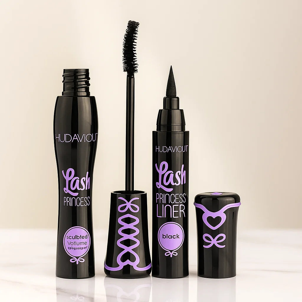 2 in 1 HudaMoji Princess False lash effect Mascara (Purple case) Black Liner