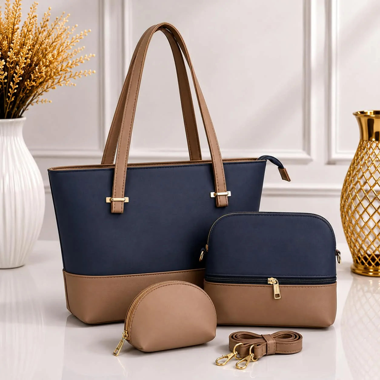 Dual Tone Leather Shoulder Tote Bag - 3 Piece Set