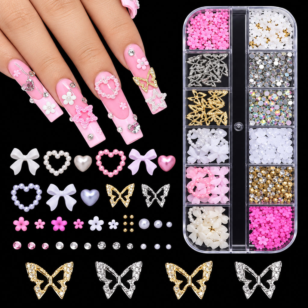 3D Nail Art Decoration Set – Rhinestones, Pearls, Butterfly, Bow, Heart & Flower - 95 Pcs