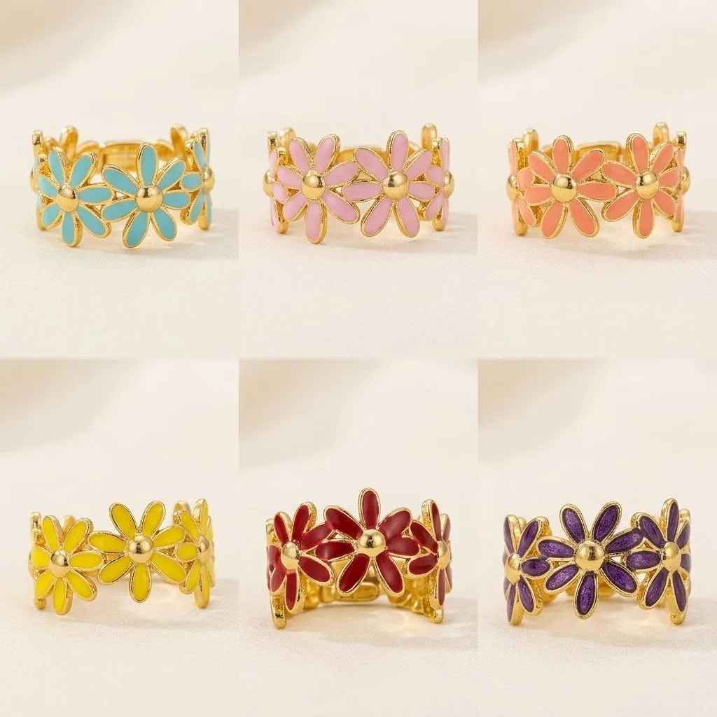Golden Enamel Daisy Flower Ring