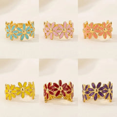 Golden Enamel Daisy Flower Ring