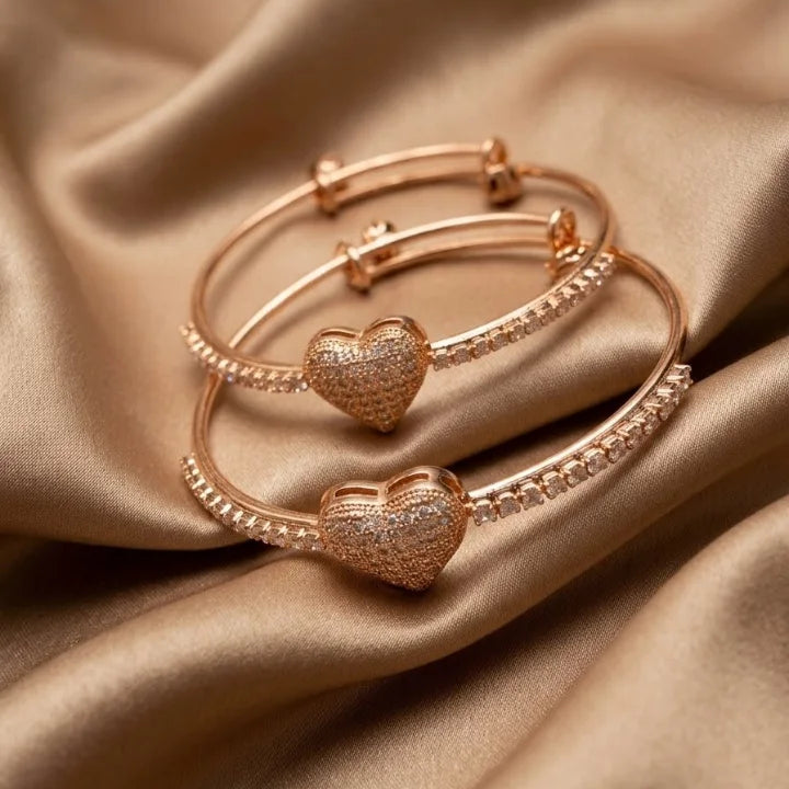 Rose Gold Plated Pave Crystal Heart Adjustable Bangle Bracelet - Each