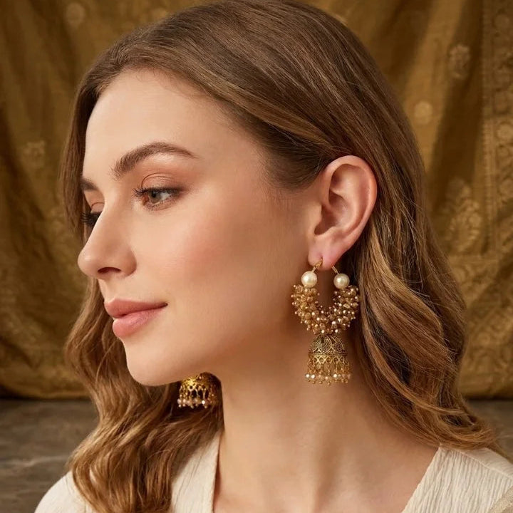 Gold Plated Pearl & Beaded Hoop Jhumka Earring