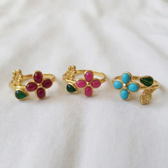 Enamel Floral Leaf Adjustable Ring