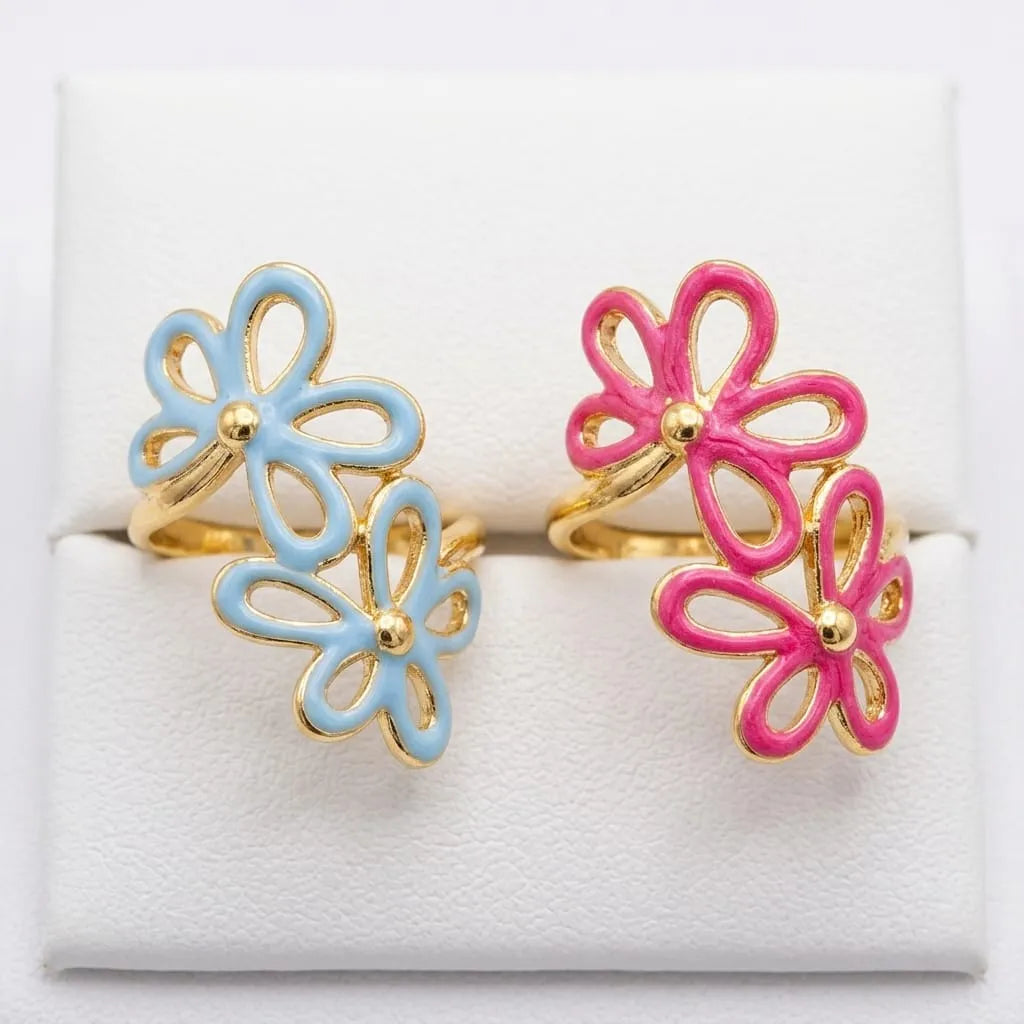 Golden Enamel Double Flower Ring