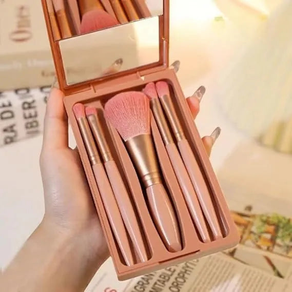5 Pcs Mini Makeup Brush Set with Mirror & Protective Case