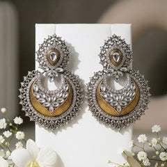 Heritage Chandbali Earrings - Oxidized Silver and Antique Gold