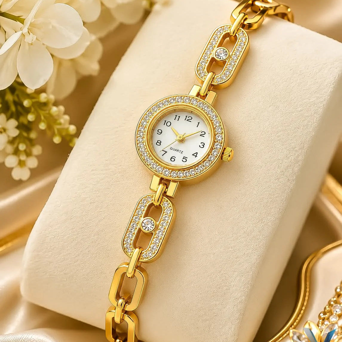 Gold Plated Rhinestone Oval Chain Bracelet Watch