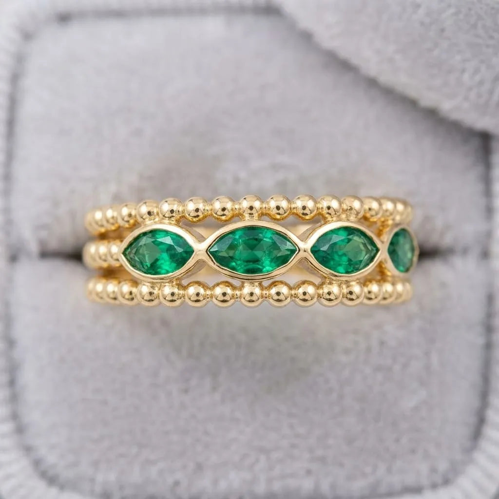 Golden Marquise Gemstone Beaded Ring