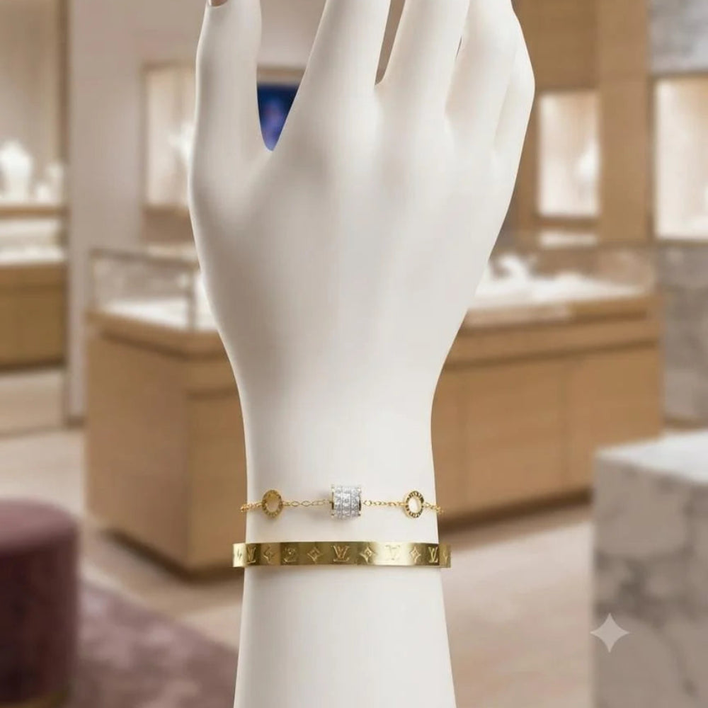 Stainless Steel Iconic Monogram Bangle & Diamond Chain Bracelet