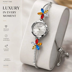 Point Time Floral Crystal Bracelet Quartz Watch for Women