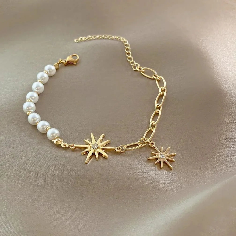 Gold Pearl & Link Starburst Bracelet