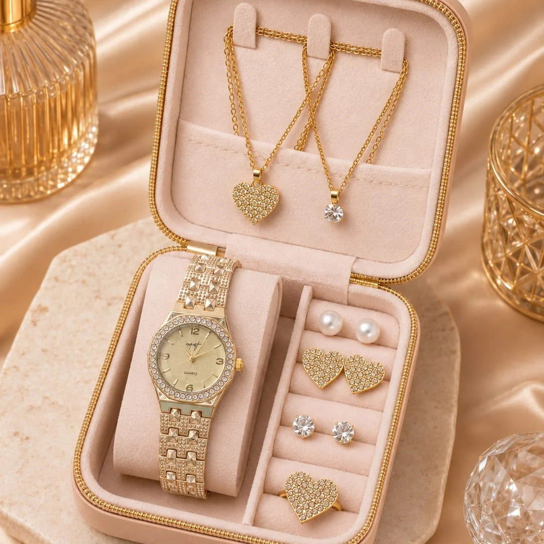 Women Rhinestone Quartz Watch & Jewelry Set with Travel Case