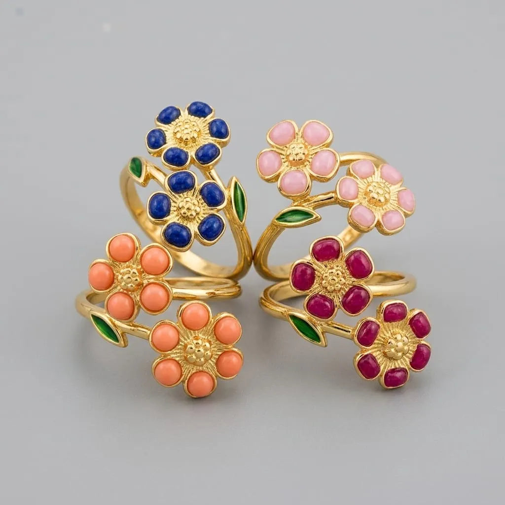 Gold Double Flower Enamel Ring