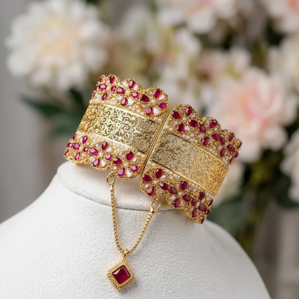 Stainless Steel Opulent Floral Cuff Bracelet - Ruby and Gold Pavé - Each