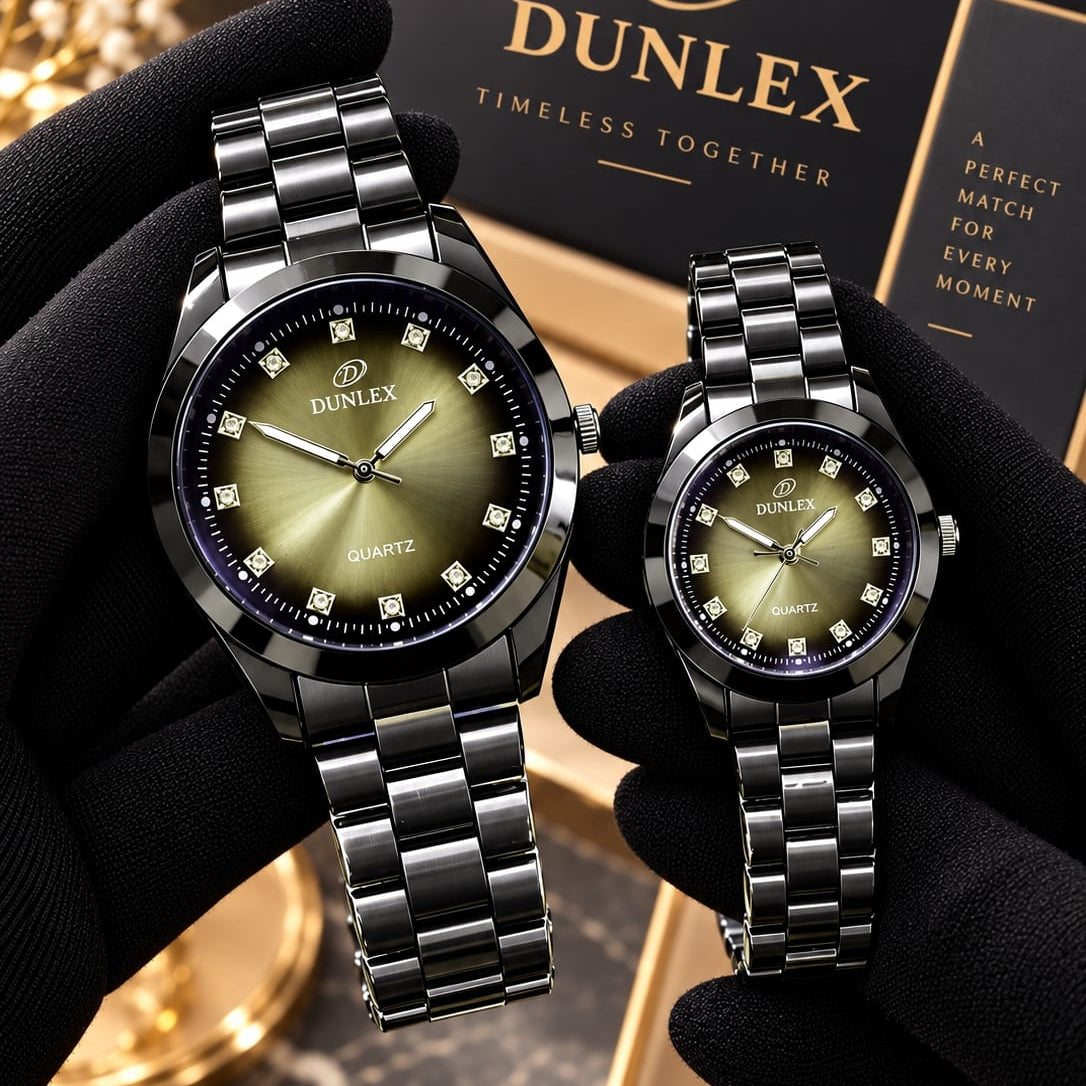 DUNLEX Luxury Couple Watch Pair Set – Brass Case, Steel Chain, Colorful Nugina Dial & Push-Button Lock